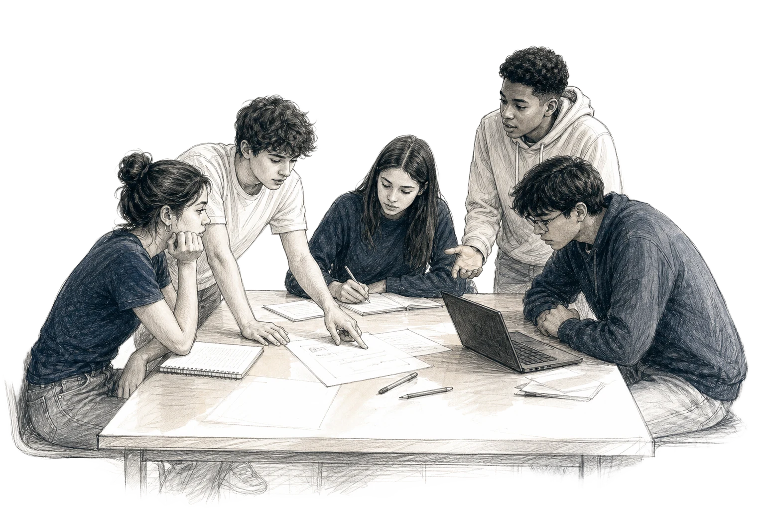 Croquis éditorial : un groupe d'adolescents travaille ensemble autour d'une table.